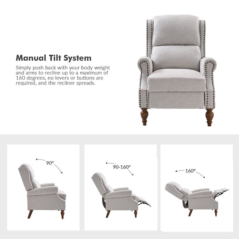 Fauteuil inclinable manuel traditionnel à accoudoirs arrondis et pieds en bois massif