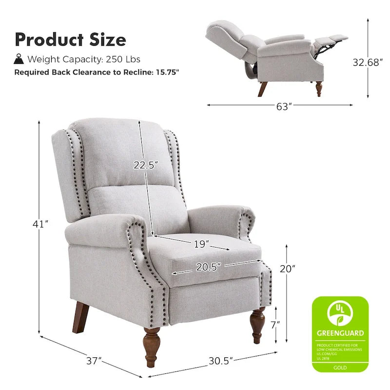 Fauteuil inclinable manuel traditionnel à accoudoirs arrondis et pieds en bois massif