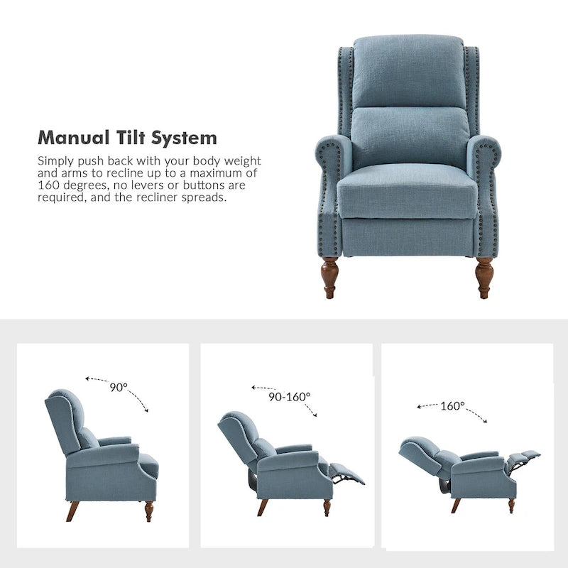 Fauteuil inclinable manuel traditionnel à accoudoirs arrondis et pieds en bois massif