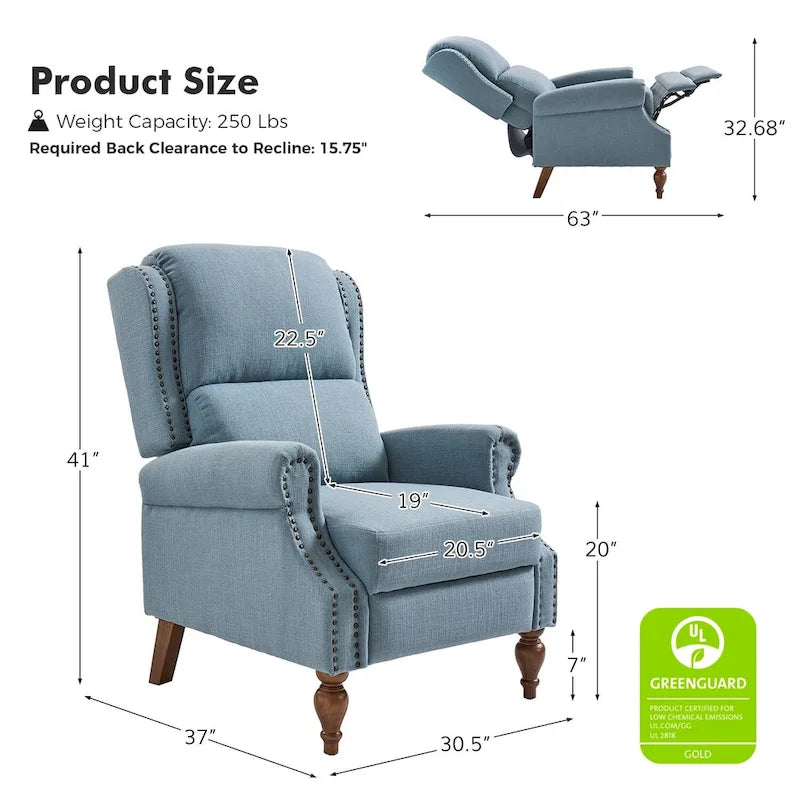 Fauteuil inclinable manuel traditionnel à accoudoirs arrondis et pieds en bois massif