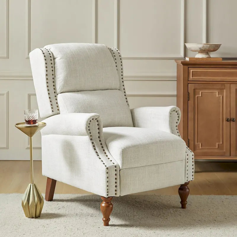 Fauteuil inclinable manuel traditionnel à accoudoirs arrondis et pieds en bois massif