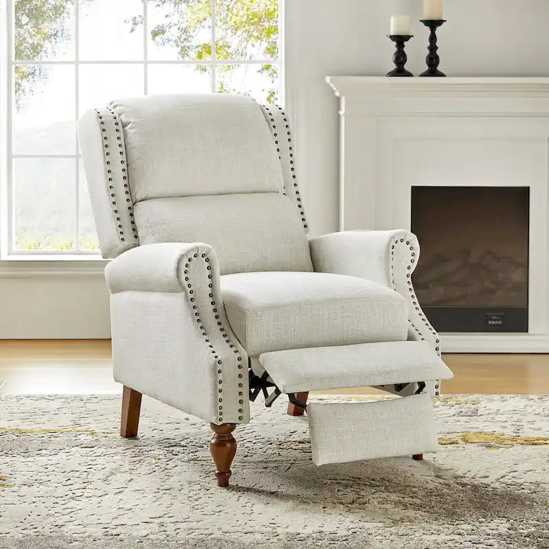 Fauteuil inclinable manuel traditionnel à accoudoirs arrondis et pieds en bois massif