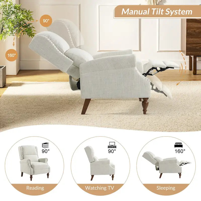 Fauteuil inclinable manuel traditionnel à accoudoirs arrondis et pieds en bois massif
