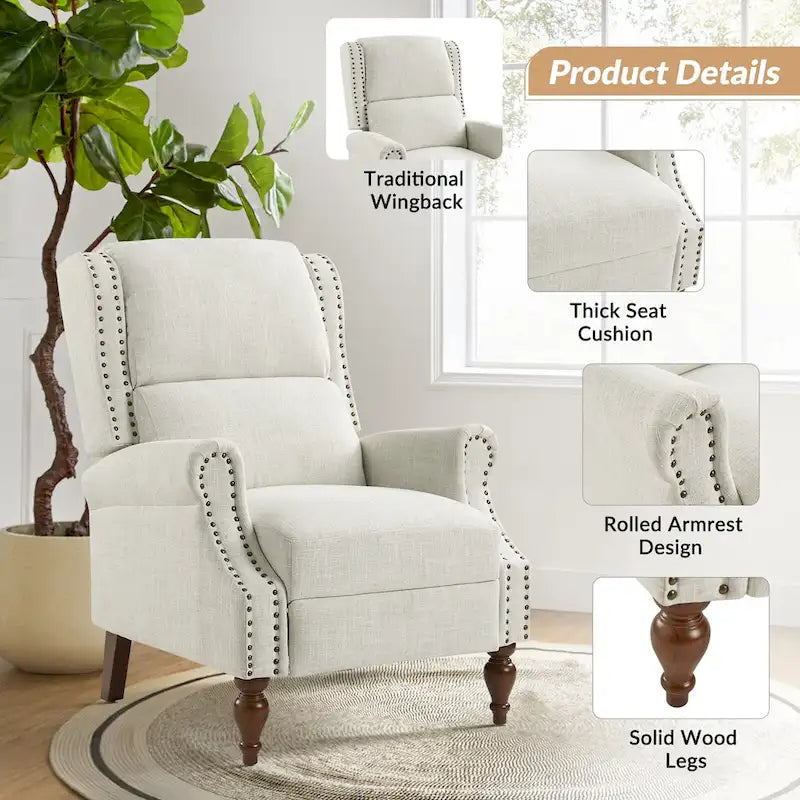 Fauteuil inclinable manuel traditionnel à accoudoirs arrondis et pieds en bois massif