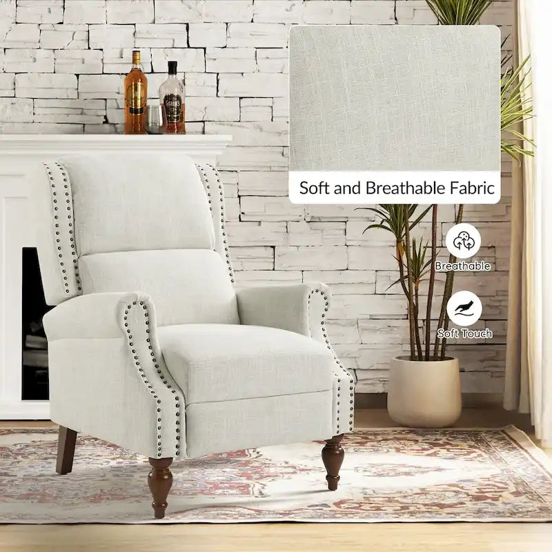 Fauteuil inclinable manuel traditionnel à accoudoirs arrondis et pieds en bois massif