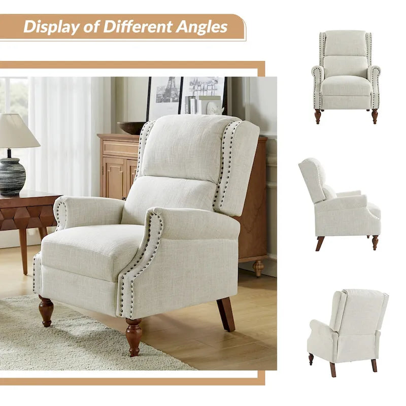 Fauteuil inclinable manuel traditionnel à accoudoirs arrondis et pieds en bois massif
