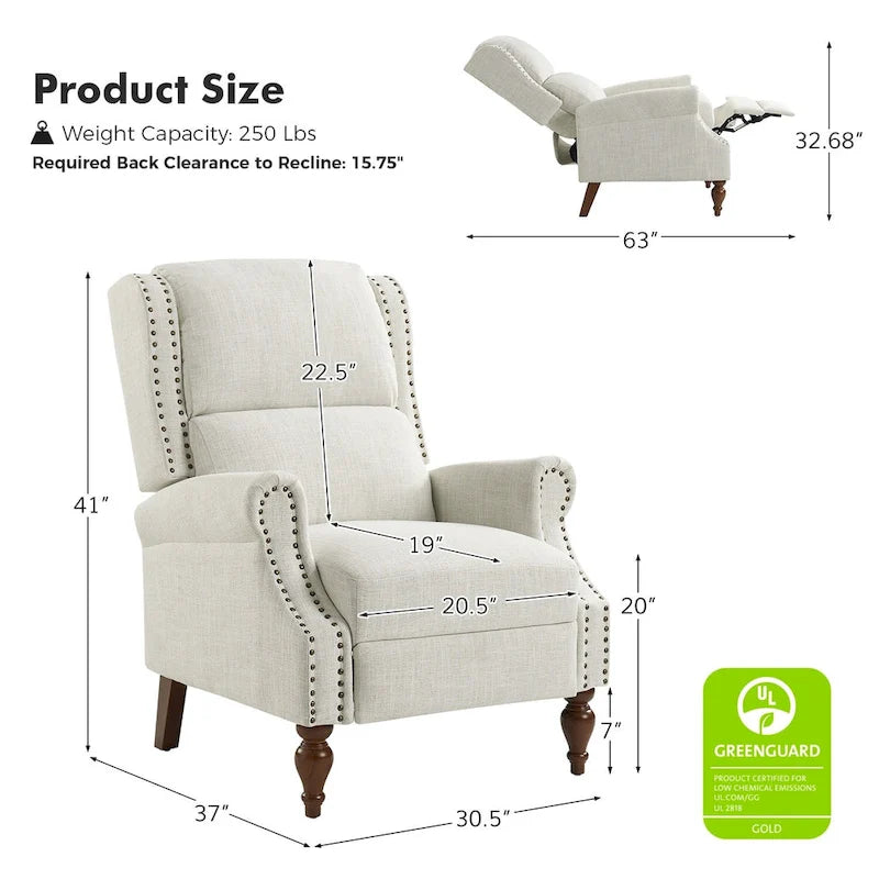 Fauteuil inclinable manuel traditionnel à accoudoirs arrondis et pieds en bois massif