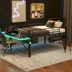 Full Size Gaming Mid Loft Bed with Desk and Storage Built, LED Light