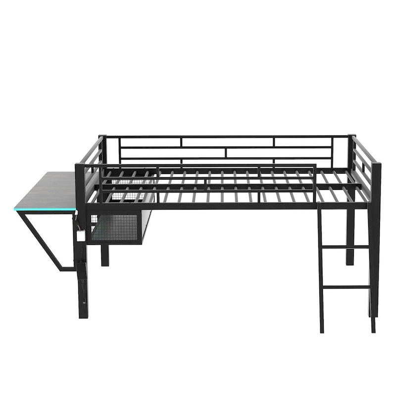 Full Size Gaming Mid Loft Bed with Desk and Storage Built, LED Light