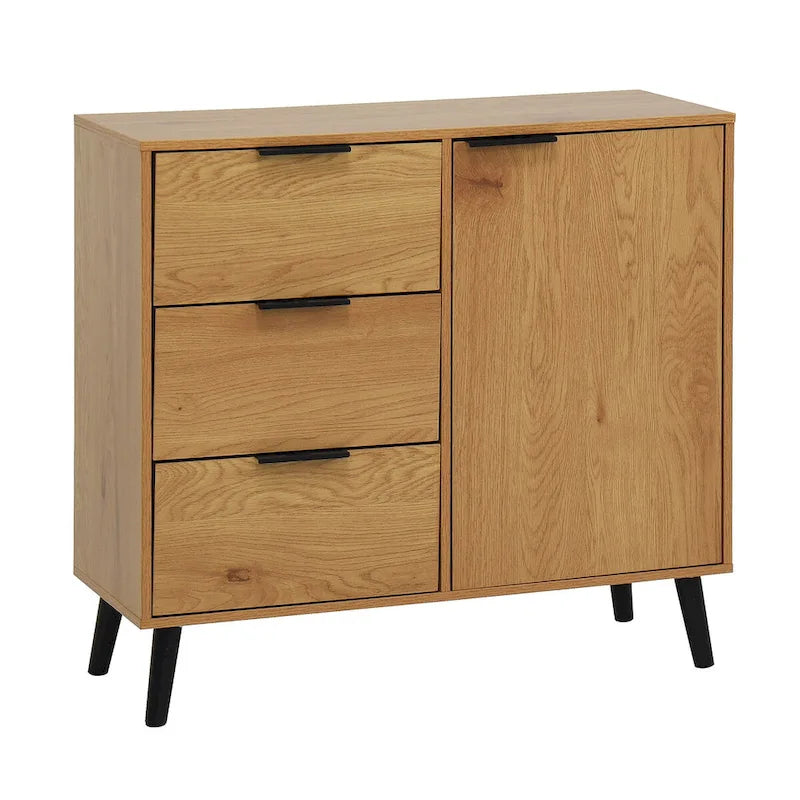 Storage Cabinet with 3 Drawers & Adjustable Shelf, Mid Century Cabinet with Door, Accent Cabinet for Living Room, Home Office