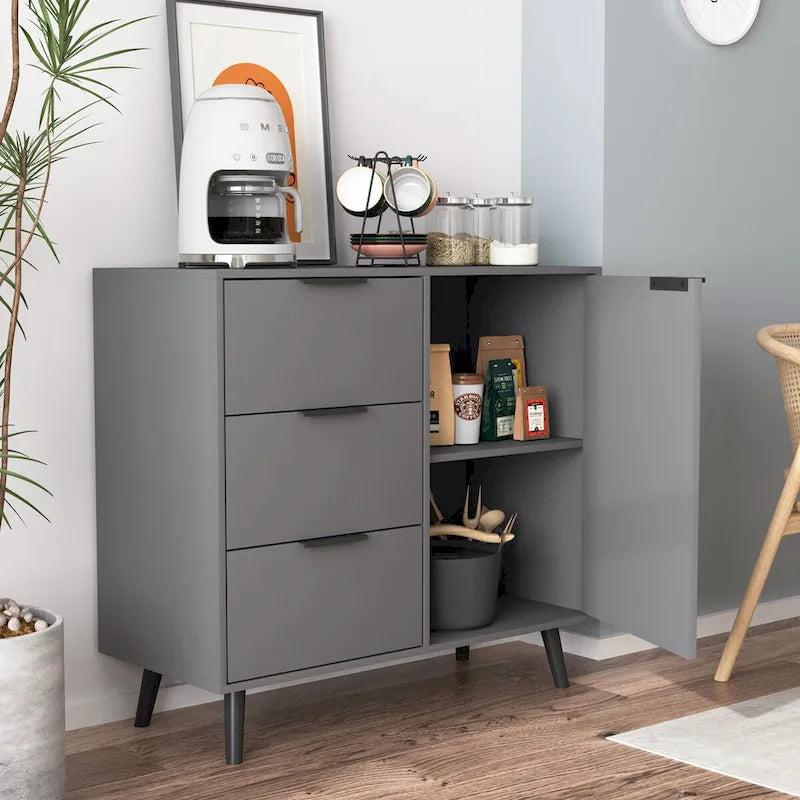 Storage Cabinet with 3 Drawers & Adjustable Shelf, Mid Century Cabinet with Door, Accent Cabinet for Living Room, Home Office
