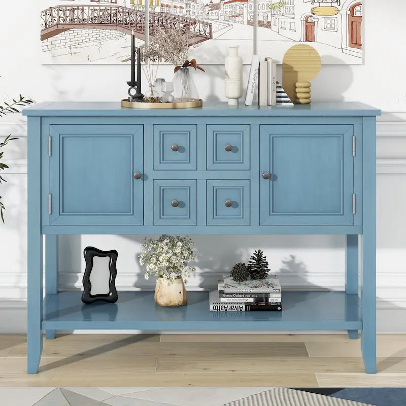 Ample Storage Vintage Console Table with Four Small Drawers and Bottom Shelf for Living Rooms, Entrances and Kitchens