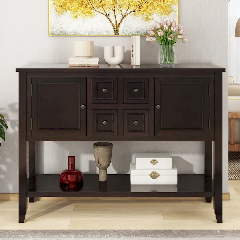 Ample Storage Vintage Console Table with Four Small Drawers and Bottom Shelf for Living Rooms, Entrances and Kitchens