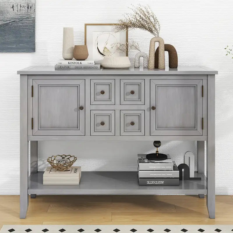 Ample Storage Vintage Console Table with Four Small Drawers and Bottom Shelf for Living Rooms, Entrances and Kitchens
