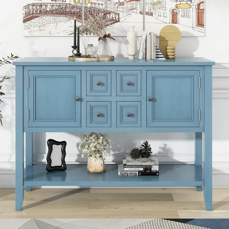 Ample Storage Vintage Console Table with Four Small Drawers and Bottom Shelf for Living Rooms, Entrances and Kitchens