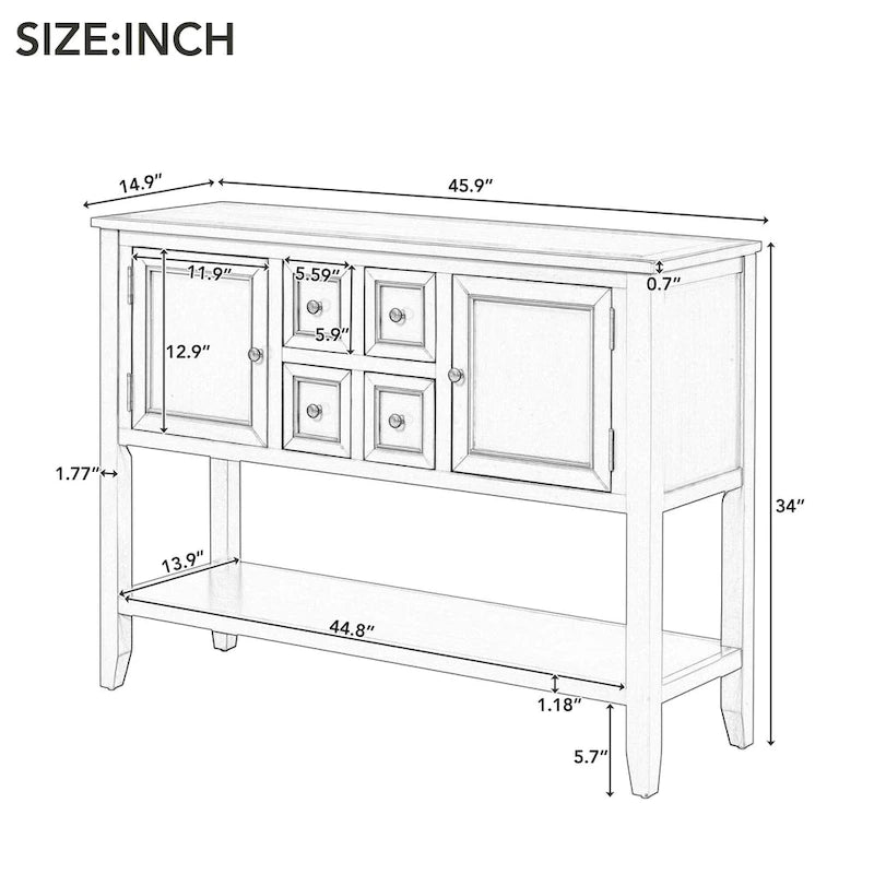 Ample Storage Vintage Console Table with Four Small Drawers and Bottom Shelf for Living Rooms, Entrances and Kitchens