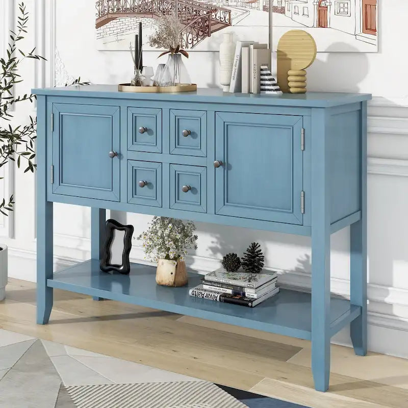 Ample Storage Vintage Console Table with Four Small Drawers and Bottom Shelf for Living Rooms, Entrances and Kitchens