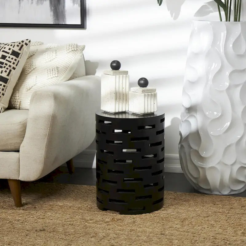 Wood Geometric Brick Inspired Cutout Side End Accent Table in Black
